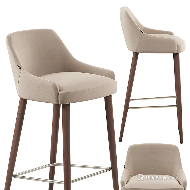 Modern Beige Fabric Bar Stools With Sleek Wooden Legs And Ergonomic Design 3d model