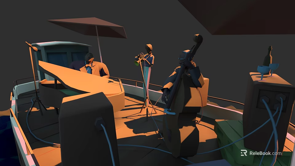 Wooden Boat Deck Featuring Live Music Band And Umbrella For Outdoor Performance 3d model 