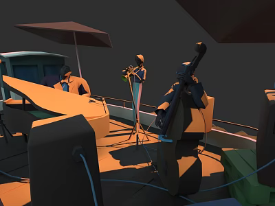 Wooden Boat Deck Featuring Live Music Band And Umbrella For Outdoor Performance 3d model