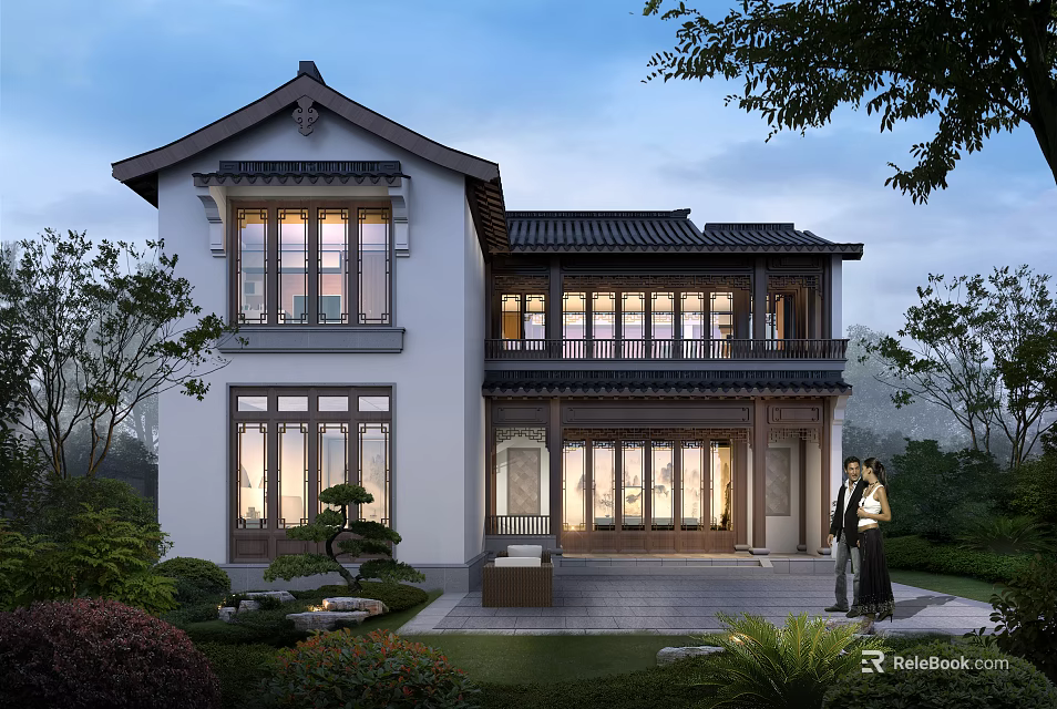 Traditional Chinese Style Detached Villa Two Story Exterior With Large Windows And Landscaped Garden 3d model 