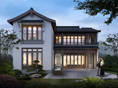 Traditional Chinese Style Detached Villa Two Story Exterior With Large Windows And Landscaped Garden 3d model