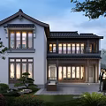 Traditional Chinese Style Detached Villa Two Story Exterior With Large Windows And Landscaped Garden