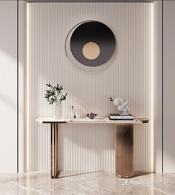 Elegant Modern Entryway Console Table With Marble Top Round Mirror And Striped Wall Decor 3d model