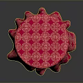 Decorative Red Patterned Tablecloth Covered Round Wooden Base Furniture Table