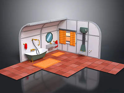 Vintage Bathroom Interior With White Bathtub Orange Mats And Red Tiles 3d model