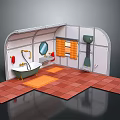Vintage Bathroom Interior With White Bathtub Orange Mats And Red Tiles