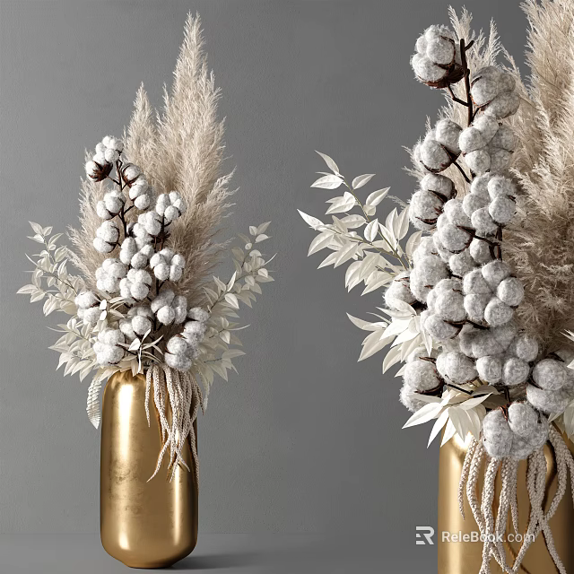 Elegant Gold Vase Floral Arrangement With White Cotton Dried Plants And Leaves 3d model 