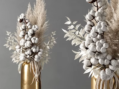 Elegant Gold Vase Floral Arrangement With White Cotton Dried Plants And Leaves 3d model