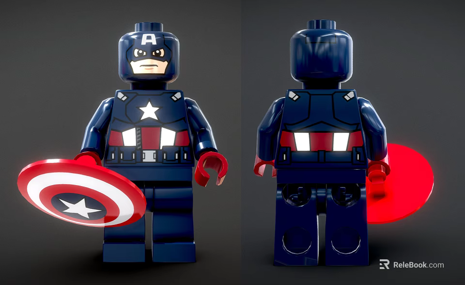 Captain America Building Block Figure Front Back Views With Shield Blue White Star Red Stripes 3d model 