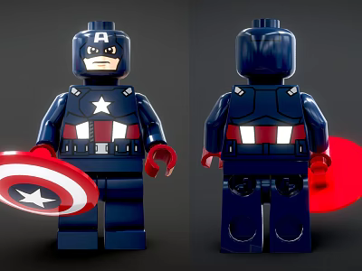 Captain America Building Block Figure Front Back Views With Shield Blue White Star Red Stripes 3d model
