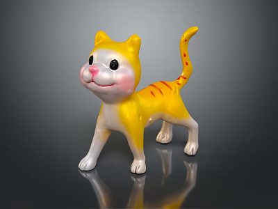 Cute Yellow And White Cartoon Cat Figurine With Striped Tail And Pink Cheeks 3d model