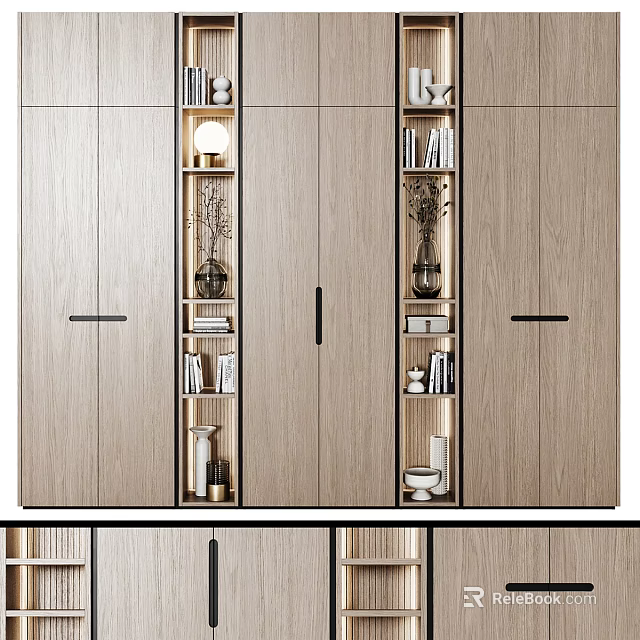 Modern Wooden Wardrobe Featuring Multiple Doors Open Shelves Books And Decorative Items 3d model 