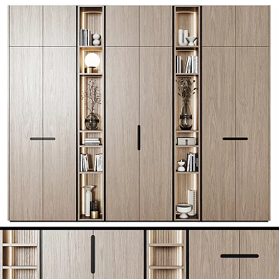 Modern Wooden Wardrobe Featuring Multiple Doors Open Shelves Books And Decorative Items 3d model