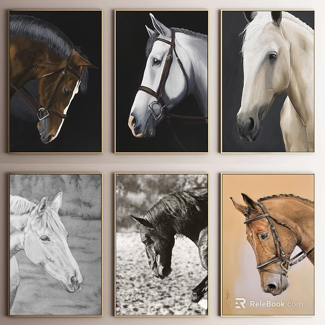 Realistic Framed Horse Paintings in Various Poses and Different Colors for Home Decor 3d model 