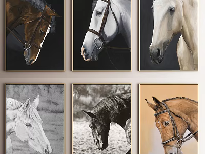 Realistic Framed Horse Paintings in Various Poses and Different Colors for Home Decor 3d model