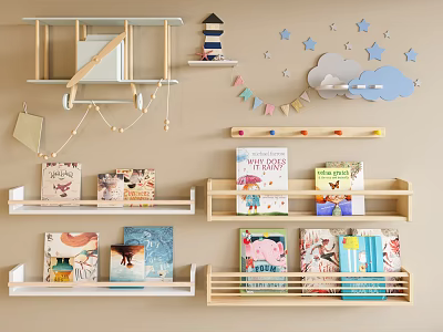 Kids Room Wall Decor With Airplane Shelf And Books 3d model