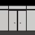 Modern Double Sliding Glass Doors with Black Frame and Arrow Indicators in Minimalist Interior