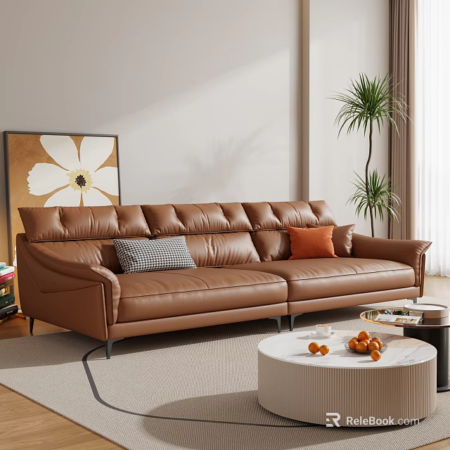 Brown Leather Two-Seater Sofa with Decorative Pillows Modern Living Room Coffee Table and Plant 3d model 