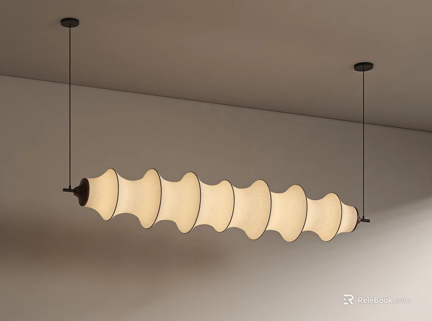 Elegant Wavy Cream Fabric Chandelier Suspended From Ceiling With Black Rods 3d model 