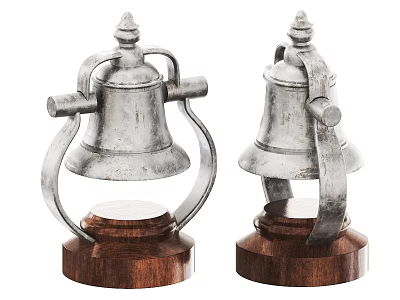 Two Silver Metal Decorative Bells With Wooden Bases Ornate Handles And Classic Design 3d model