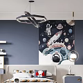 Space Themed Kids Room Interior With Astronaut Mural Planets Rocket And Dark Blue Walls