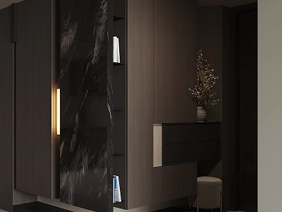 Modern Wooden Shoe Cabinet With Marble Panel LED Light And Decorative Vase 3d model