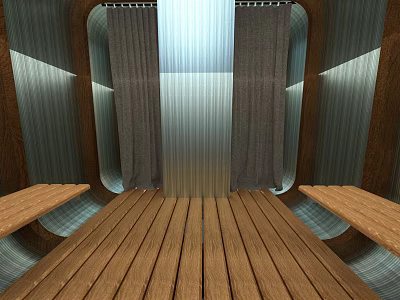 Modern Interior Design With Wooden Floor Metal Walls Curtains And Side Benches 3d model