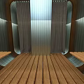 Modern Interior Design With Wooden Floor Metal Walls Curtains And Side Benches