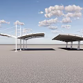 Large Outdoor Shade Structures With White Frames And Curved Roofs In Open Area 3d model