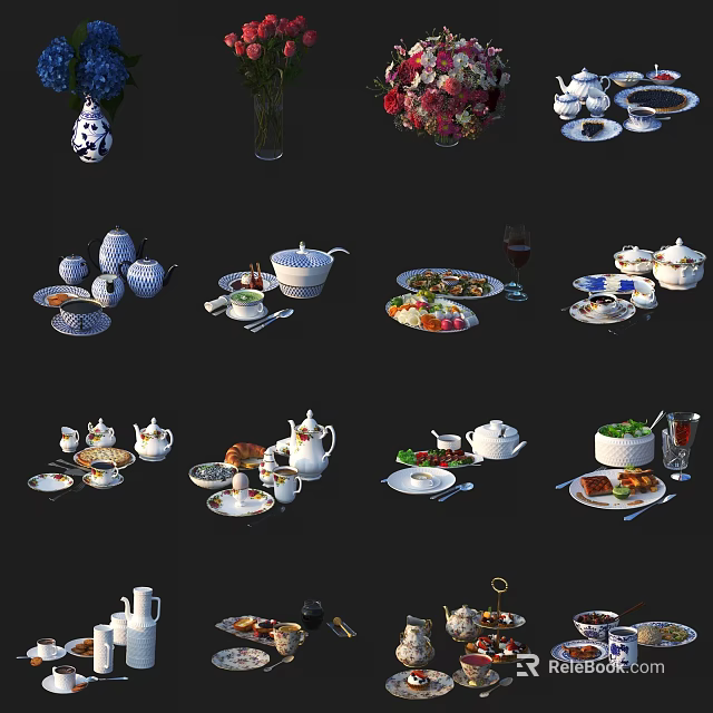 Elegant Ceramic Tableware Collection With Teapots Cups Plates And Decorative Vases 3d model