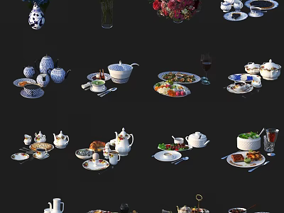Elegant Ceramic Tableware Collection With Teapots Cups Plates And Decorative Vases 3d model