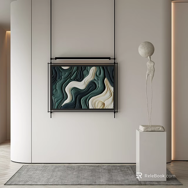Modern Interior Wall Art With Green White Wavy Texture Painting And Sculpture 3d model 