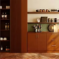 Wooden Kitchen Cabinets With Tall And Low Storage Shelves Jars Cups Wine Bottles Green Backsplash