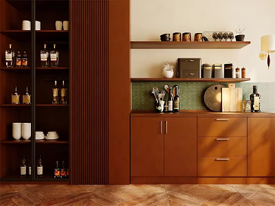 Wooden Kitchen Cabinets With Tall And Low Storage Shelves Jars Cups Wine Bottles Green Backsplash 3d model