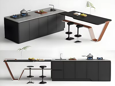 Modern Bar Counter Area With Black Cabinets Marble Top Copper Frame And Bar Stools 3d model
