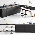 Modern Bar Counter Area With Black Cabinets Marble Top Copper Frame And Bar Stools