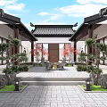 Ancient Architecture Courtyard Featuring Traditional Roof Surrounding Trees Greenery And Leisure Tables Chairs Layout