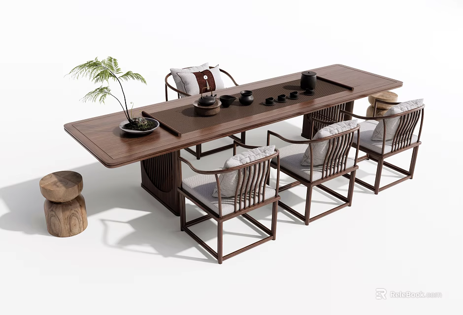 Traditional Dark Wood Tea Table And Chairs With Tea Set Cushions And Potted Plant 3d model 