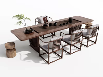 Traditional Dark Wood Tea Table And Chairs With Tea Set Cushions And Potted Plant 3d model