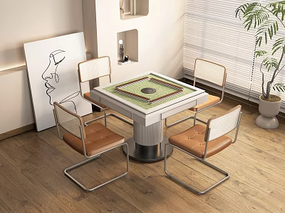 Stylish Entertainment Room Featuring Mahjong Table Green Board Metal Frame Chairs Artwork And Potted Plant 3d model