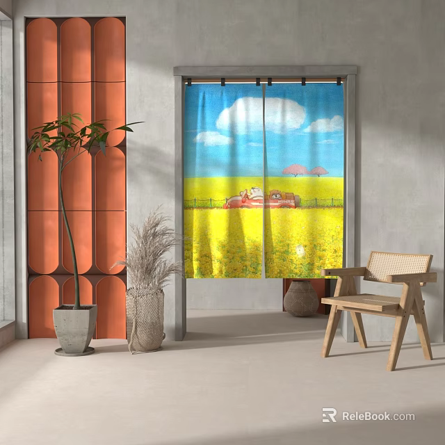 Vibrant Curtains Featuring Blue Sky Yellow Field And Red Car Design For Home Decor 3d model 