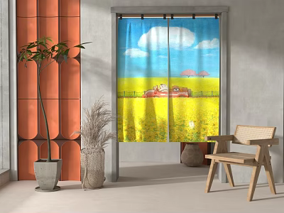 Vibrant Curtains Featuring Blue Sky Yellow Field And Red Car Design For Home Decor 3d model
