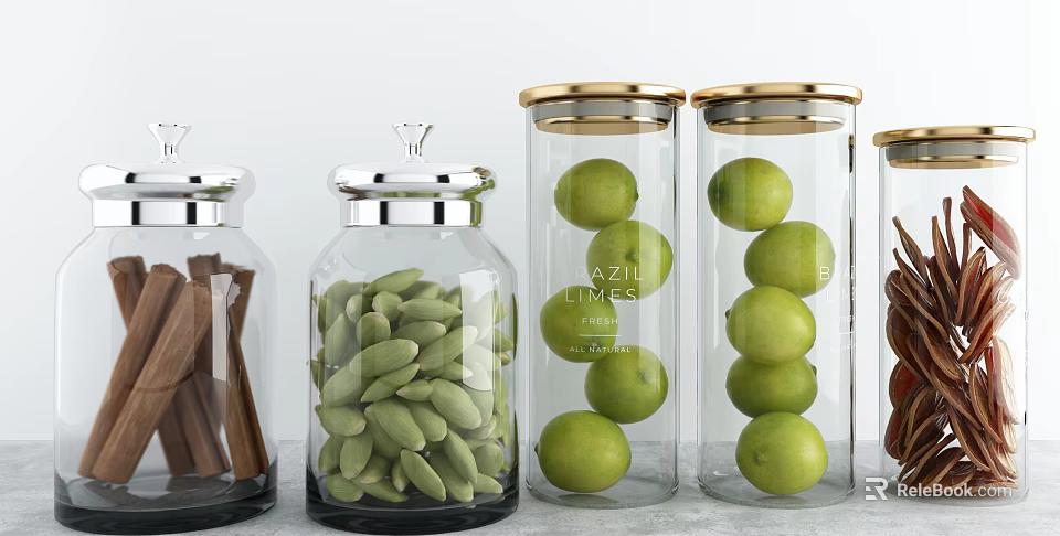 Glass Spice Jars With Metal Lids Storing Pistachios Limes And Cinnamon Sticks On Kitchen Countertop 3d model 