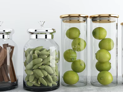 Glass Spice Jars With Metal Lids Storing Pistachios Limes And Cinnamon Sticks On Kitchen Countertop 3d model
