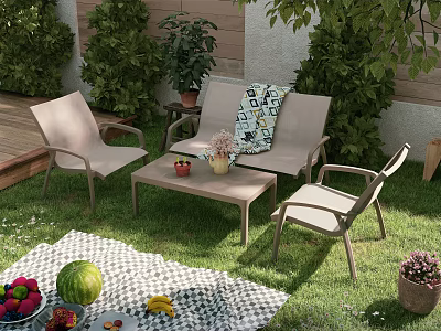Outdoor Sofa Coffee Table Set with Lawn Plants Fruits Blanket and Chairs 3d model
