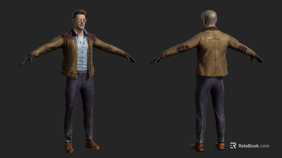 A Man 3D Model Showing Front And Back Views In Brown Leather Jacket Blue Shirt 3d model 