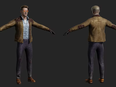 A Man 3D Model Showing Front And Back Views In Brown Leather Jacket Blue Shirt 3d model