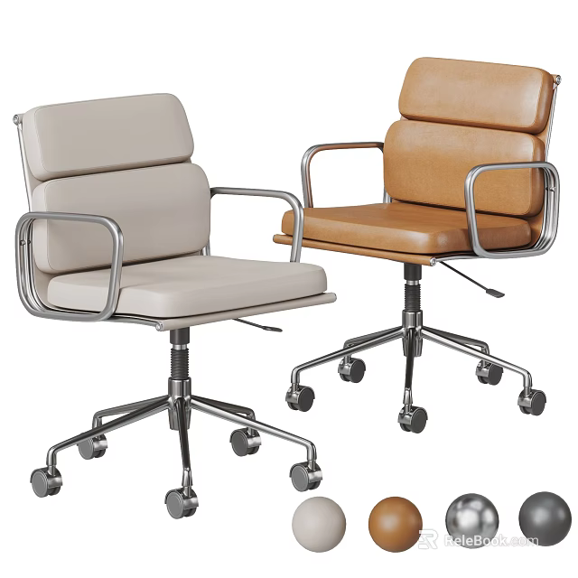 Modern Office Chairs with Light Gray and Brown Upholstery Metal Armrests and Wheels 3d model 