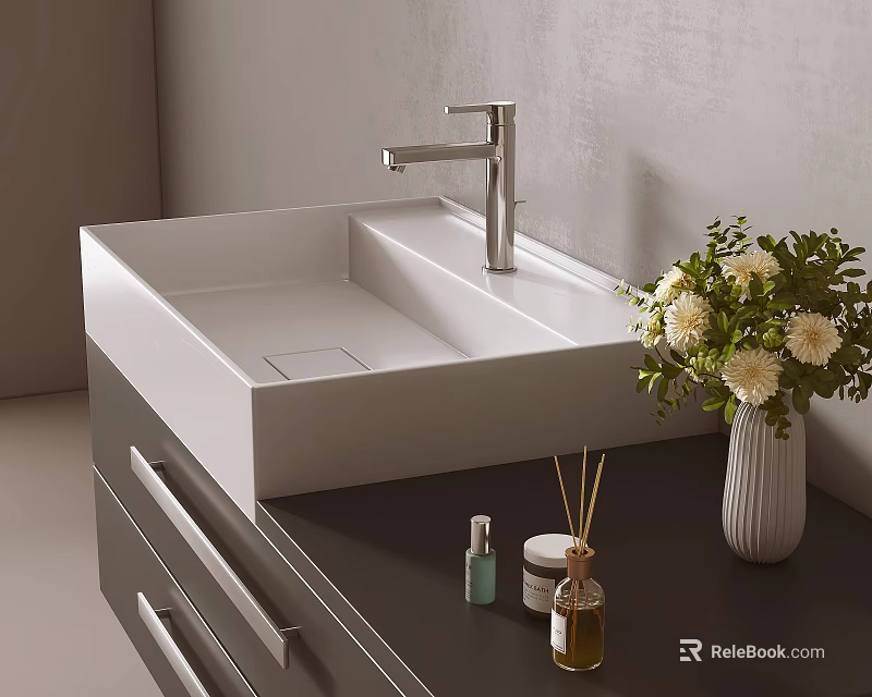Modern White Ceramic Sink With Chrome Faucet On Dark Countertop And Flower Vase 3d model 