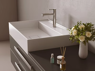 Modern White Ceramic Sink With Chrome Faucet On Dark Countertop And Flower Vase 3d model